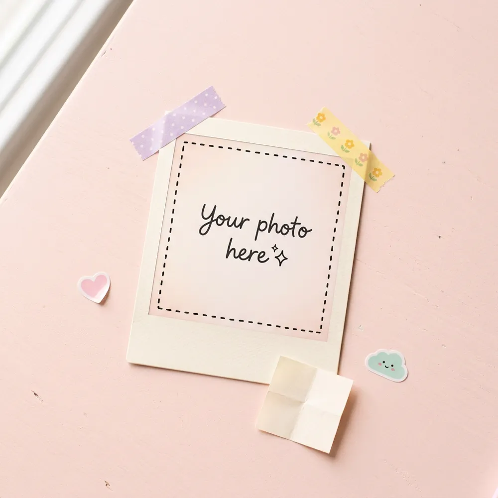 Empty polaroid frame inviting customers to tag #StickerHubLK on Instagram