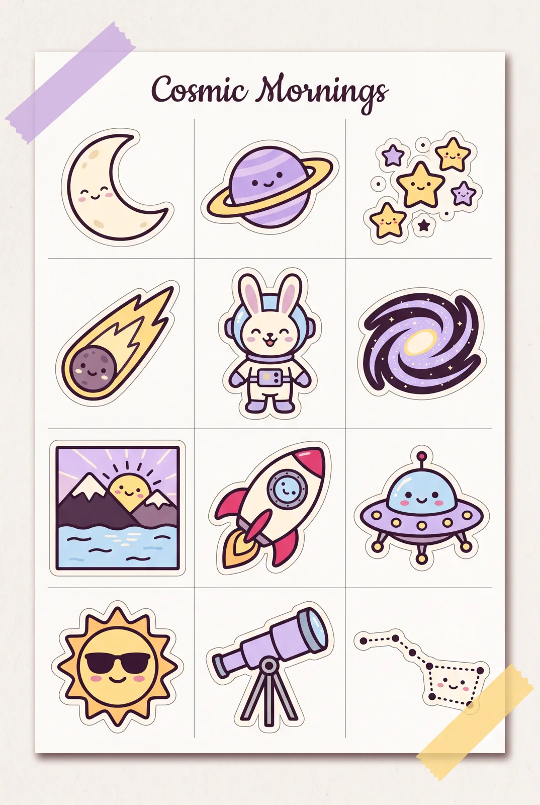 Preview of the Cosmic Mornings sticker sheet